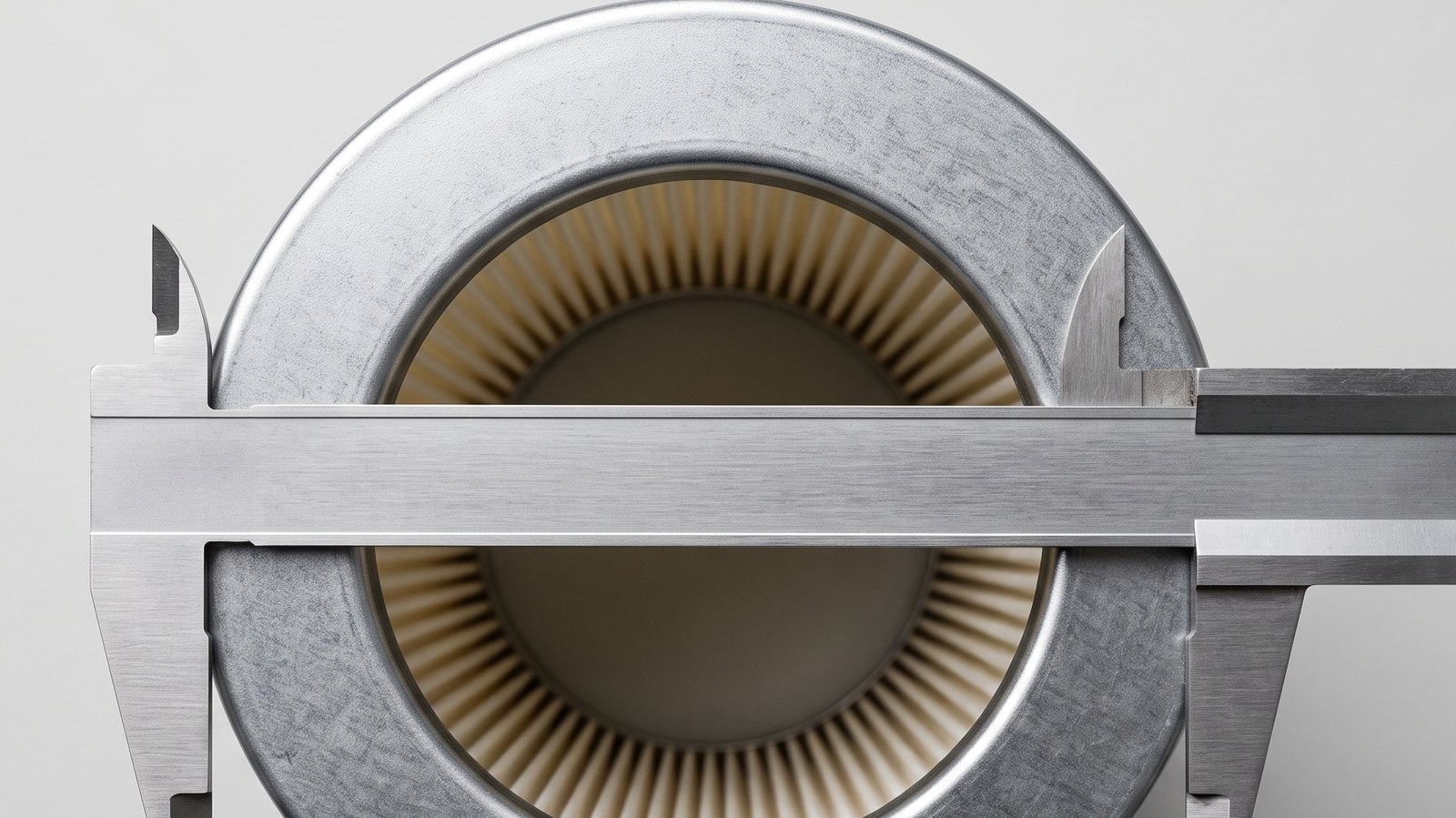 A vernier caliper set across the outside edge of a cartridge filter's top flange, seen from above.