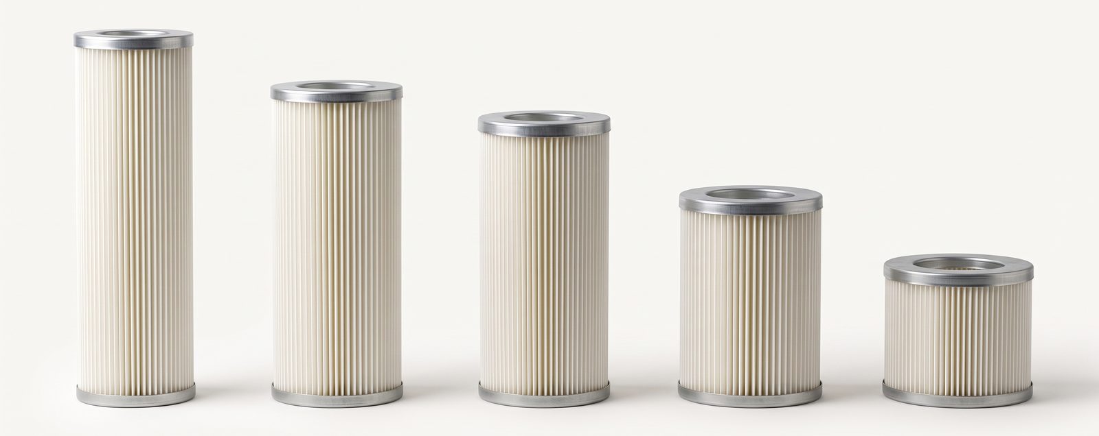 Five cartridge filters of the same construction standing side by side, from the tallest to the shortest, with the overall height dimensioned on the first and the last of them.